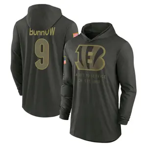 Men's Joe Burrow Cincinnati Bengals Forest/Green 2025 Salute to Service Sideline Lightweight Hooded Pullover Long Sleeve T-Shirt