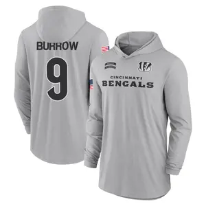 Men's Joe Burrow Cincinnati Bengals Gray 2024 Salute to Service Lightweight Performance Long Sleeve Hooded T-Shirt