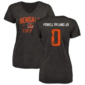 Women's Antwaun Powell-Ryland Jr. Cincinnati Bengals Black Distressed Name & Number Tri-Blend V-Neck T-Shirt