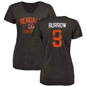 Women's Joe Burrow Cincinnati Bengals Black Distressed Name & Number V-Neck T-Shirt