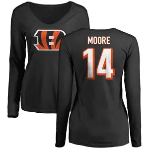 Women's Jordan Moore Cincinnati Bengals Name & Number Logo Slim Fit Long Sleeve T-Shirt - Black