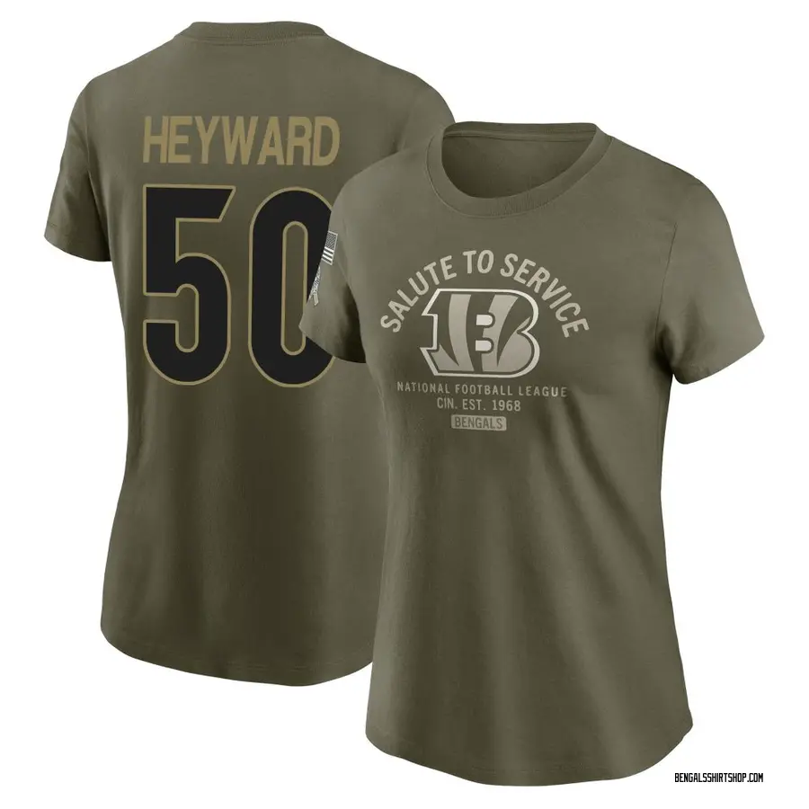 Women's Shaka Heyward Cincinnati Bengals Olive 2025 Salute to Service Sideline T-Shirt