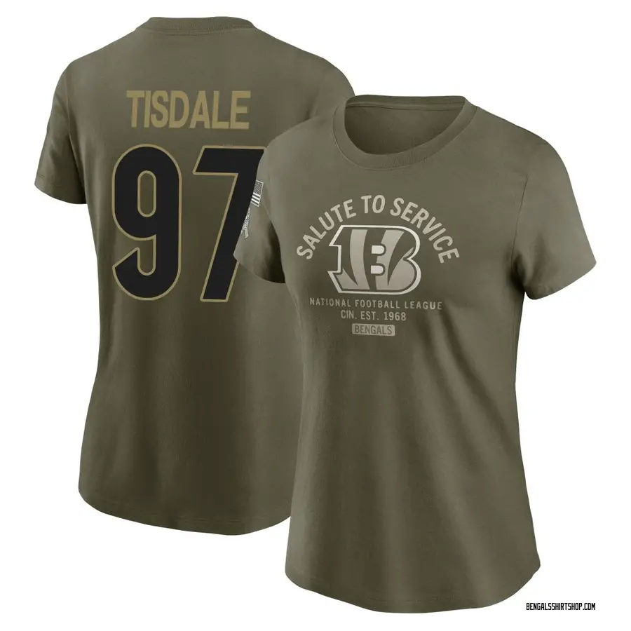 Women's Tariqious Tisdale Cincinnati Bengals Olive 2025 Salute to Service Sideline T-Shirt
